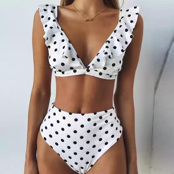 white bikini with black polka dots